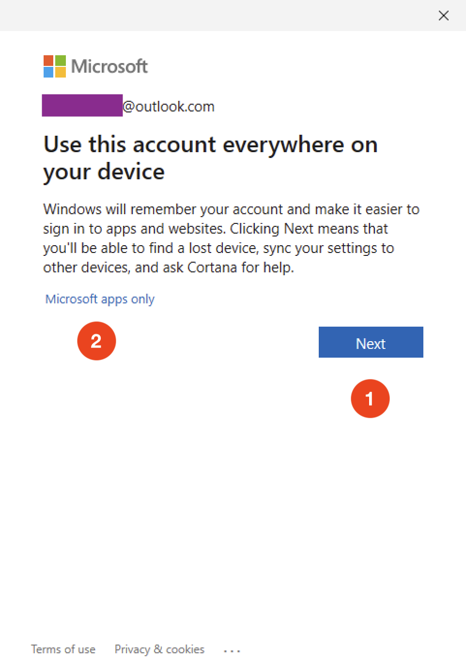 確認將您的 MSA 連接到 Windows